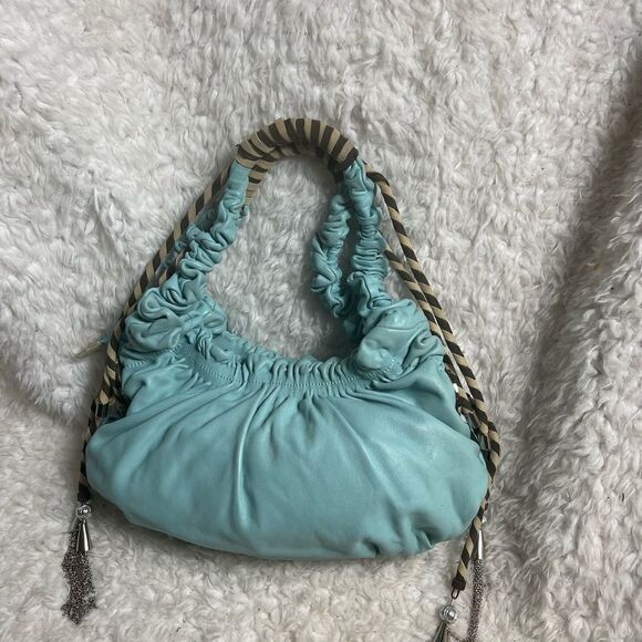 Cromia leather Blue shoulder bag Khaki & brown accent silver tone chain charms - Picture 2 of 16